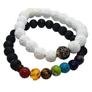 2 Chakra Healing Beaded Bracelets Natural Lava Stones Diffuser White Black Set